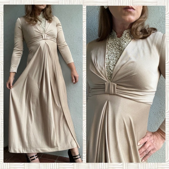 Vintage 70’s ILGWU Union Made Champagne Maxi Dress w/ Lace Pearls VTG 10 Sz 6 - Picture 1 of 11